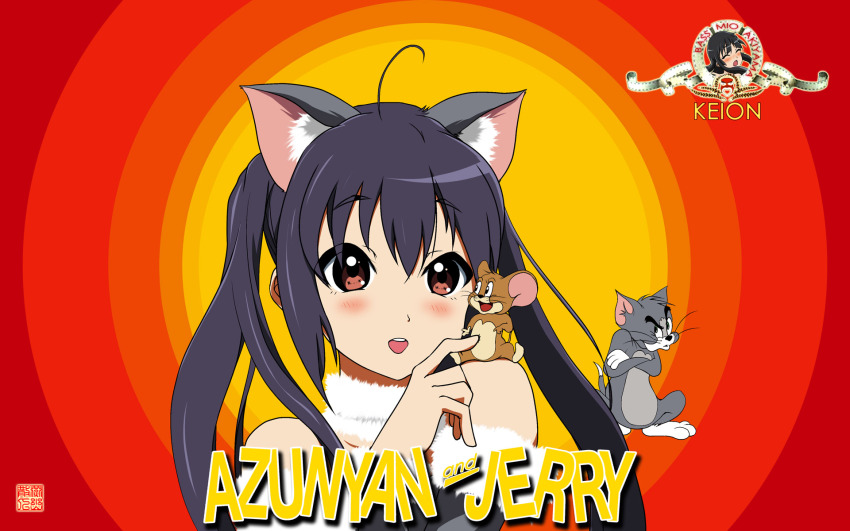 2girls ahoge animal animal_ears animal_on_shoulder bare_shoulders blush brand_name_imitation cat cat_ears character_name crossed_arms crossover headpat highres jealous jerry_(tom_and_jerry) k-on! kemonomimi_mode long_hair metro-goldwyn-mayer metro-goldwyn-meyer mouse_(animal) multiple_girls nakano_azusa open_mouth raised_eyebrow raised_eyebrows round_teeth signature teeth tom tom_and_jerry toon_(style) yanyou_sanren