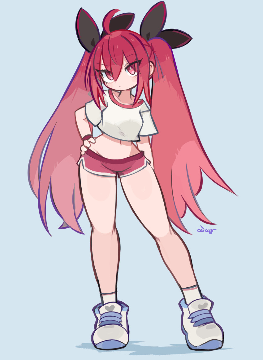 1girl ahoge black_ribbon blush ceroro closed_mouth cropped_shirt date_a_live dot_mouth full_body hand_on_own_hip highres itsuka_kotori long_hair looking_at_viewer navel red_eyes red_hair red_shirt red_shorts ribbon shirt shoes shorts sidelocks solo twintails very_long_hair white_shoes