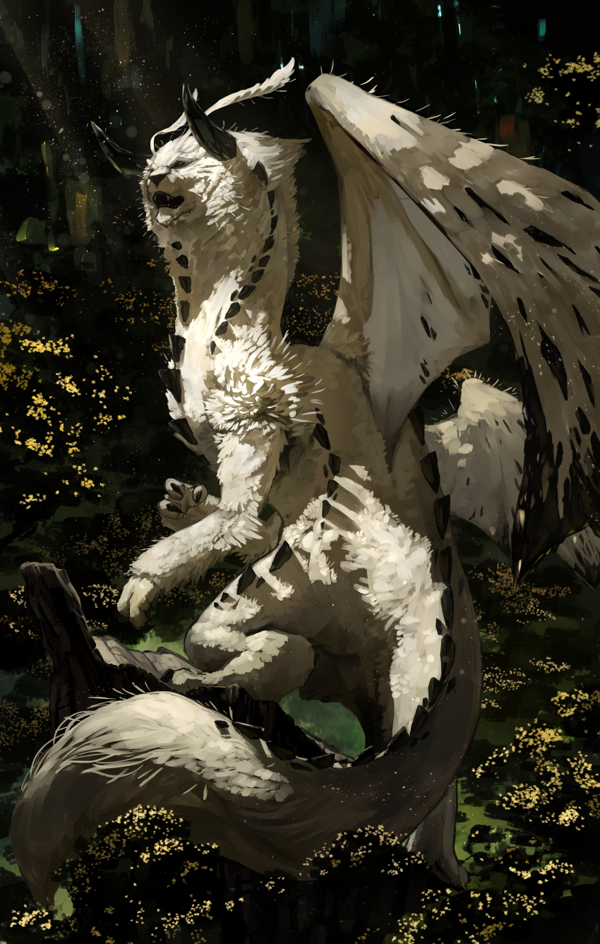 absurdres black_eyes bug claws commission creature dragon fantasy fluffy giant giant_monster highres horns insect monster moth open_mouth original sharp_teeth skeb_commission sunlight tagme teeth white_fur wings yumo80295386