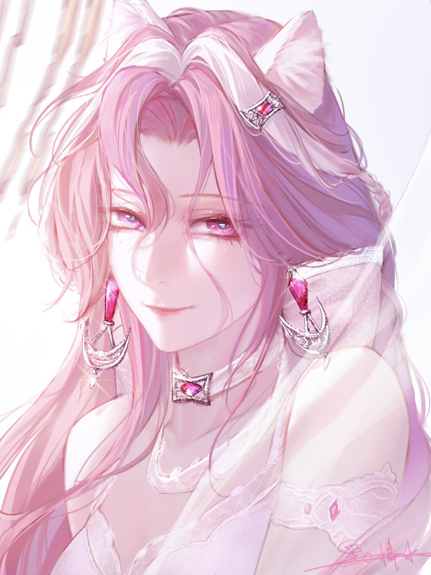 1girl absurdres animal_ears bare_shoulders blurry blurry_background camisole cat_ears choker collarbone curtained_hair earrings eyeliner glitter_makeup hair_between_eyes heibai_bangbing highres jasmine_(path_to_nowhere) jewelry looking_at_viewer makeup mole mole_under_eye multicolored_hair official_alternate_costume parted_bangs path_to_nowhere pink_eyeliner pink_eyes pink_hair portrait smile solo streaked_hair white_camisole white_choker