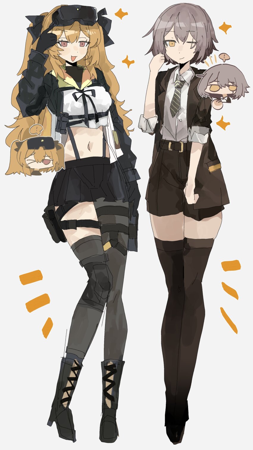 ! 2girls absurdres blonde_hair full_body girls&#039;_frontline girls&#039;_frontline_2:_exilium grey_hair highres lenna_(girls&#039;_frontline_2) leva_(girls&#039;_frontline_2) multiple_girls navel necktie odmised official_alternate_hair_length official_alternate_hairstyle one_eye_closed scar scar_across_eye scar_on_face ump45_(girls&#039;_frontline) ump9_(girls&#039;_frontline) yellow_necktie