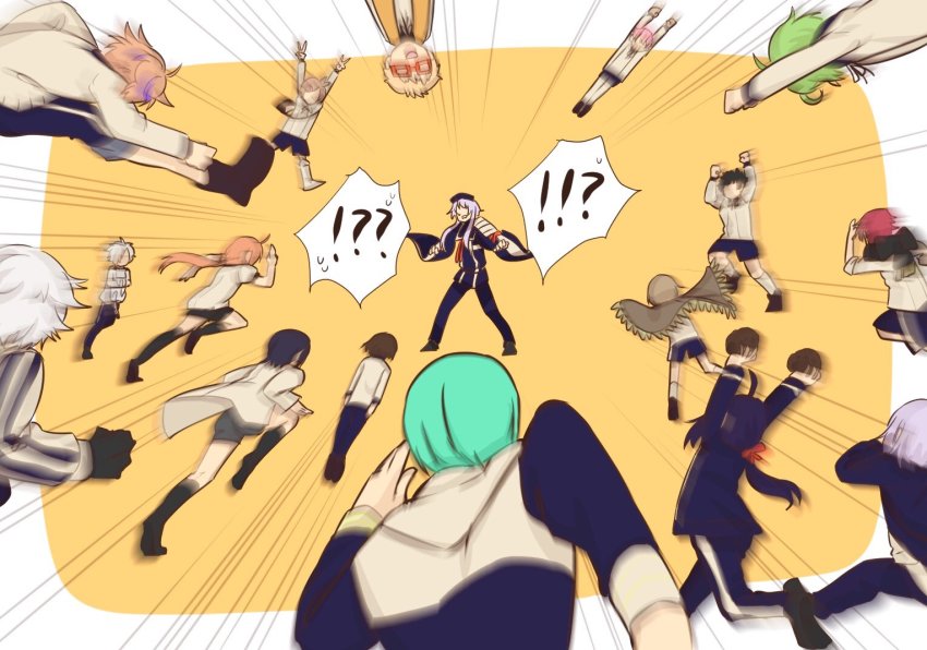 !? 6+boys akita_toushirou armor atsushi_toushirou black_hair blonde_hair blue_hair boots brown_hair cape double_v glasses gloves gokotai gokotai&#039;s_tigers gotou_toushirou green_hair hair_over_one_eye hakata_toushirou hakusan_yoshimitsu hirano_toushirou honebami_toushirou houchou_toushirou ichigo_hitofuri jacket japanese_armor lab_coat long_hair maeda_toushirou male_focus midare_toushirou motion_lines mouri_toushirou multiple_boys naaparupontyo namazuo_toushirou ponytail red-framed_eyewear running scarf shinano_toushirou short_hair_with_long_locks shorts shoulder_armor simple_background sode speed_lines touken_ranbu track_jacket v yagen_toushirou yellow_background