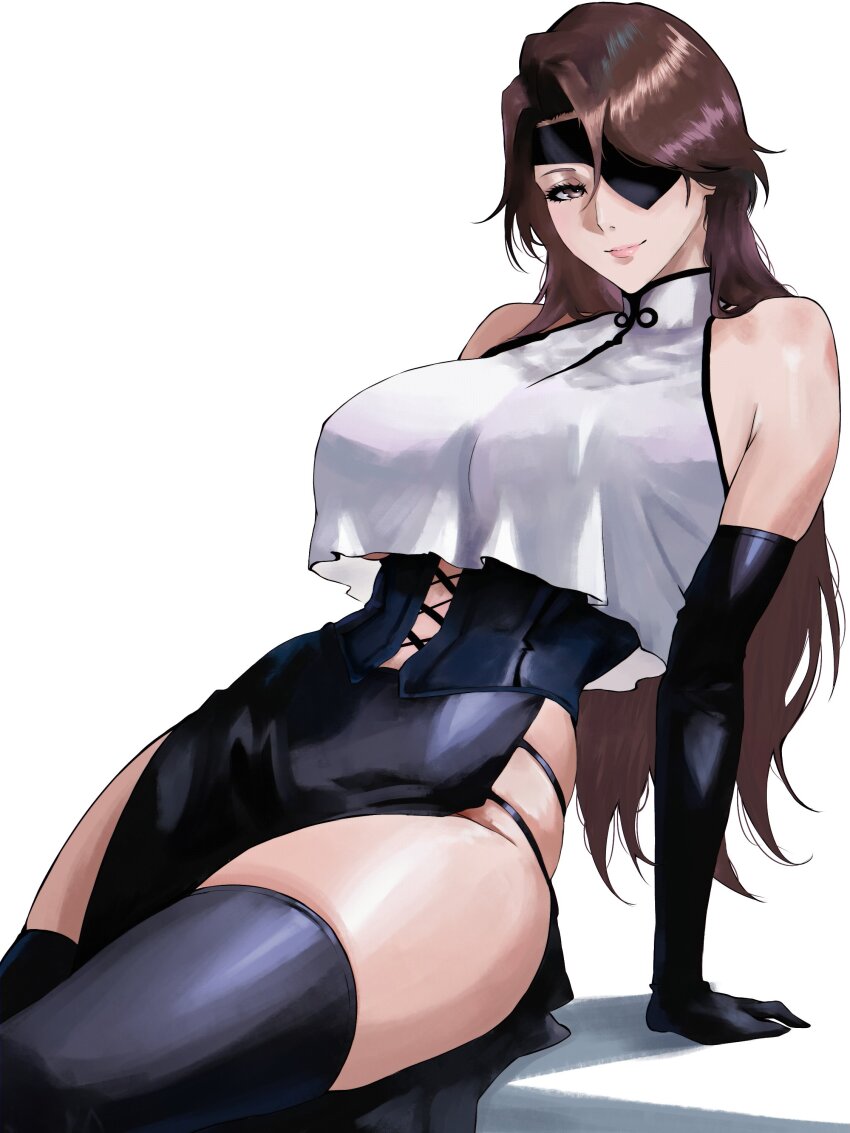 1girl absurdres aizen_sousuke bare_shoulders bion_(insomn_bion) black_corset black_gloves black_skirt black_thighhighs bleach breasts brown_eyes brown_hair closed_mouth corset crop_top crop_top_overhang elbow_gloves eyepatch genderswap genderswap_(mtf) gloves highres large_breasts long_hair looking_at_viewer skirt smile solo thighhighs white_background