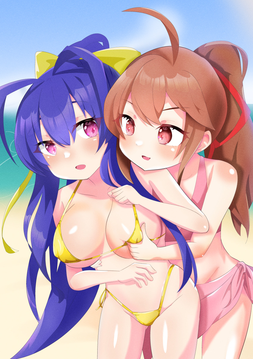2girls absurdres ahoge antenna_hair beach bikini blazblue bow brown_hair celica_a._mercury genderswap genderswap_(mtf) grabbing_another&#039;s_breast groping hair_between_eyes hair_bow highres long_hair mai_natsume micro_bikini multiple_girls open_mouth pink_eyes ponytail purple_hair sand shiny_skin swimsuit yellow_bikini yellow_bow yuri