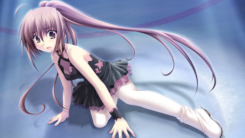 1girl ahoge alpha_(yukai_na_nakamatachi) azai_kanon black_dress breasts brown_eyes brown_hair cleavage dress floating_hair g-senjou_no_maou game_cg hair_between_eyes ice_skates layered_dress long_hair on_one_knee open_mouth ponytail short_dress skates sleeveless sleeveless_dress small_breasts solo very_long_hair white_footwear