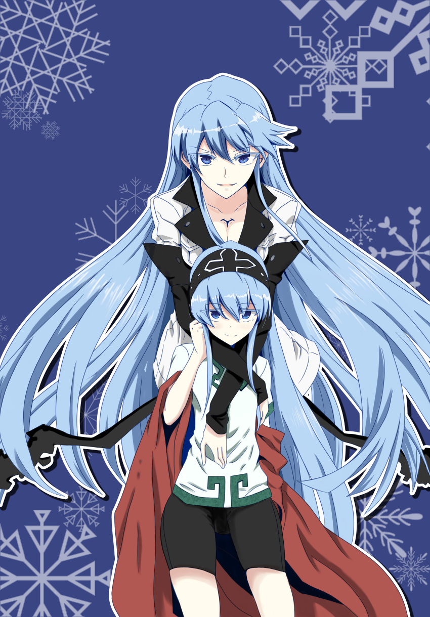 2girls absurdres age_comparison aged_down akame_ga_kill! black_gloves black_hairband black_pants blue_background blue_eyes blue_hair breasts chest_tattoo cleavage comic_panel_redraw commentary dated_commentary derivative_work dual_persona elbow_gloves esdeath fingerless_gloves gloves hair_between_eyes hairband highres hug hug_from_behind long_hair looking_at_another looking_at_viewer military_dress_uniform military_uniform multiple_girls no_headwear open_mouth pants peri_(qq2748089832) shirt snowflakes tattoo white_shirt