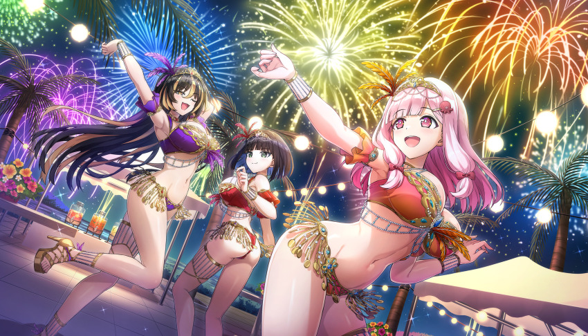 3girls :3 amadea_wolfa armband armpits ass bikini black_hair blonde_hair blonde_streaks blue_hair bob_cut breasts carnaval_do_brasil closed_mouth colored_inner_hair crosshair crosshair_pupils dolphin_wave drink eines_(dolphin_wave) feather_hair_ornament feathers fireworks flower game_cg hair_ornament high_heels highres jewelry large_breasts leg_up long_hair looking_back low-tied_sidelocks medium_hair multicolored_hair multiple_girls nacht_(dolphin_wave) navel night night_sky non-web_source ocean octopus_hair_ornament official_alternate_costume official_art one_eye_closed ootomo_takuji open_mouth orange_bikini palm_tree pink_hair purple_bikini red_bikini samba sidelocks sky smile striped_hair swimsuit tent tiara tree yellow_eyes