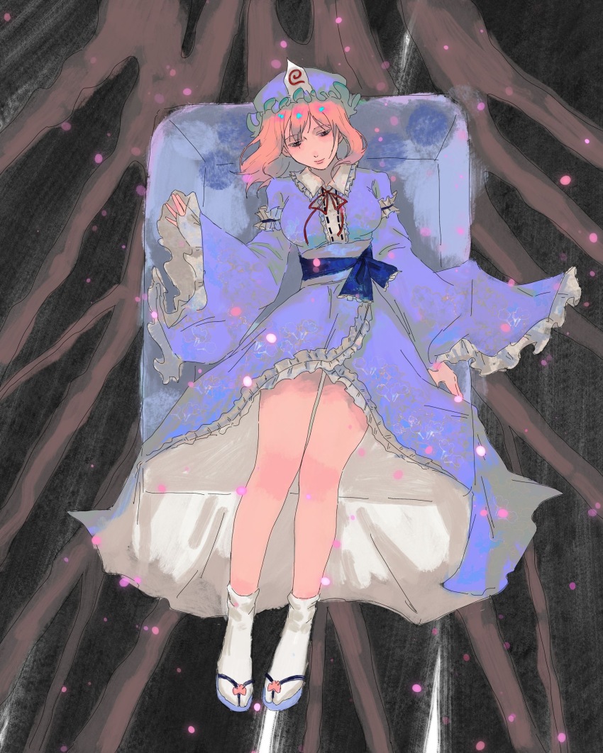 1girl absurdres blue_dress blue_hat blue_sandals blue_sash breasts center_frills chinese_commentary closed_mouth collared_shirt commentary_request dress frilled_dress frilled_shirt_collar frilled_sleeves frills full_body hat highres large_breasts long_sleeves medium_hair mob_cap moxianyelegeyu neck_ribbon obi pink_hair red_ribbon ribbon saigyou_ayakashi saigyouji_yuyuko sandals sash shirt sleeves_past_wrists socks solo touhou triangular_headpiece white_socks wide_sleeves