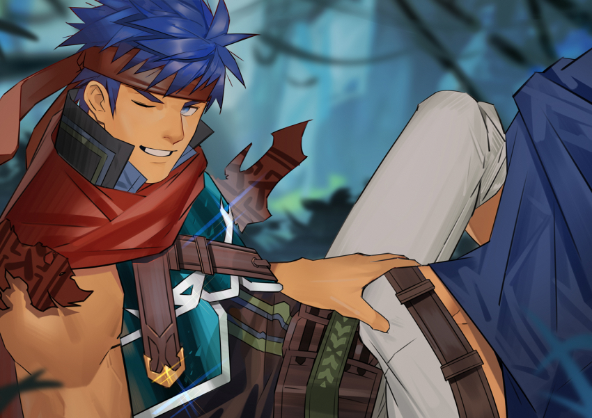 2boys alternate_skin_color ass_press bara blue_eyes blue_hair bulge bulge_to_ass dark-skinned_male dark_skin fire_emblem grabbing_another&#039;s_ass groping headband ike_(fire_emblem) ike_(vanguard_legend)_(fire_emblem) male_focus multiple_boys muscular muscular_male nintendo paid_reward_available short_hair sideburns solo_focus yaoi yaowu