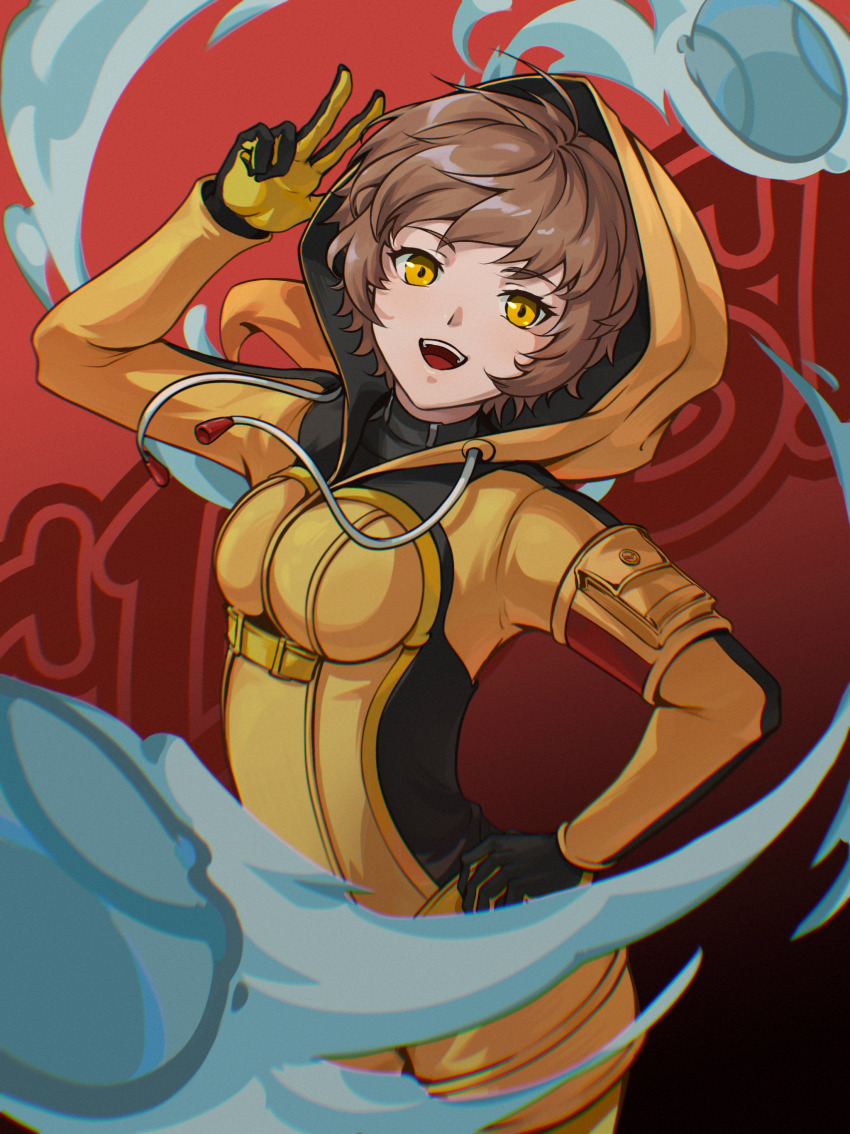 1girl :d absurdres alternate_eye_color arai_motoha arm_up ball baseball_(object) black_gloves bodysuit breasts brown_eyes brown_hair commentary cowboy_shot drawstring gloves hand_on_own_hip highres hood hood_up hooded_bodysuit leggings looking_at_viewer medium_breasts open_mouth persona persona_5 persona_5:_the_phantom_x red_background short_hair sidelocks smile solo standing tomboy two-tone_gloves v yato_(alphonse59) yellow_bodysuit yellow_gloves yellow_leggings