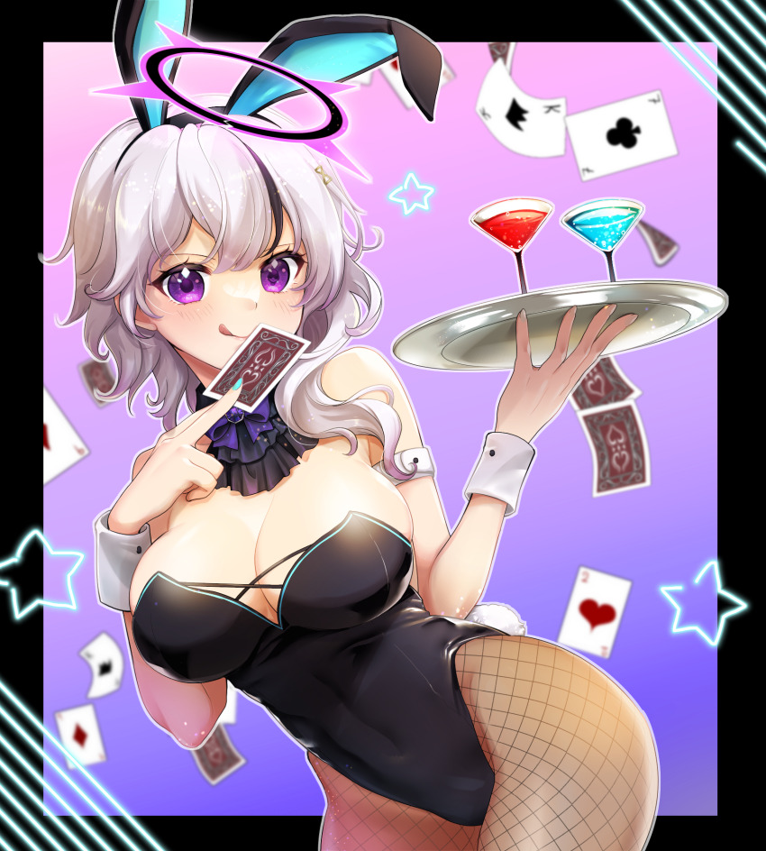 1girl :q animal_ear_hairband animal_ears ascot black_ascot black_hair black_leotard blue_nails bow bowtie breasts card cocktail commission fake_animal_ears fishnet_pantyhose fishnets grey_hair hairband halo highres holding holding_card holding_tray large_breasts leotard multicolored_hair original pantyhose playboy_bunny playing_card puico purple_bow purple_bowtie purple_eyes rabbit_ear_hairband rabbit_ears rabbit_tail seven_of_clubs skeb_commission solo star_(symbol) streaked_hair tail tongue tongue_out tray two_of_hearts white_wrist_cuffs wrist_cuffs