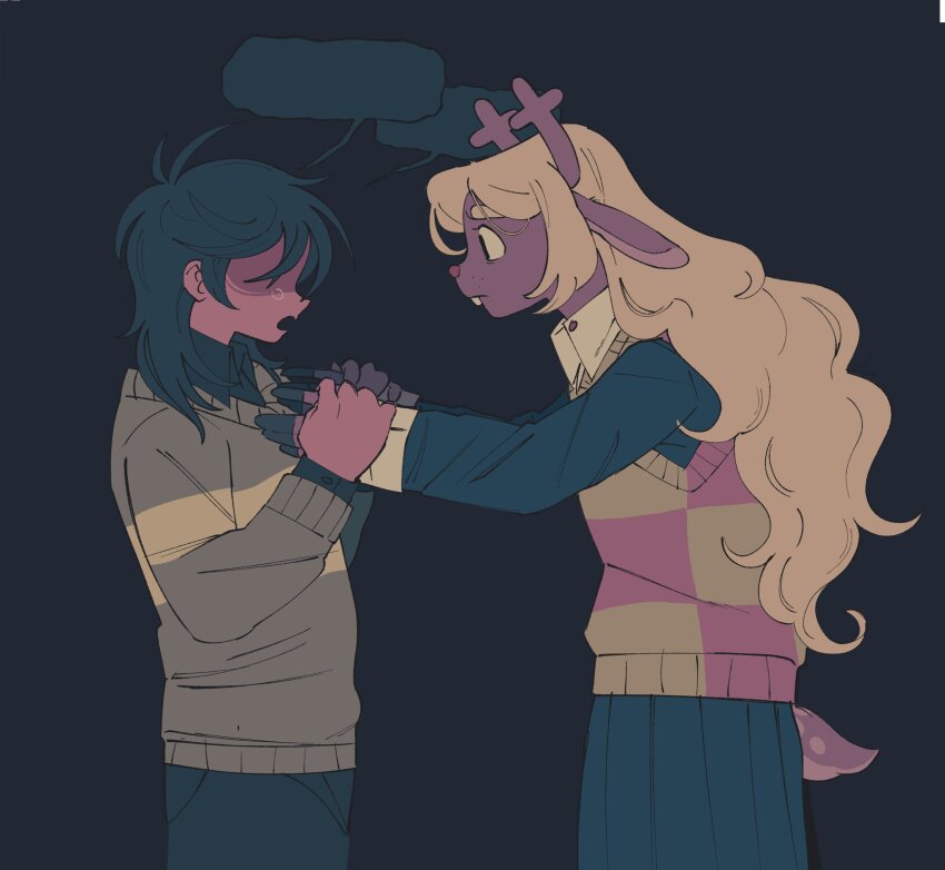 1girl 1other animal_ears antlers black_background black_hair black_shirt blank_speech_bubble blonde_hair checkered_sweater_vest collared_shirt commentary deer_antlers deer_ears deer_girl deer_tail deltarune english_commentary furry furry_female green_sweater highres holding_hands horns kris_(deltarune) long_hair medium_hair nanaranjal noelle_holiday open_mouth shirt speech_bubble sweater tail
