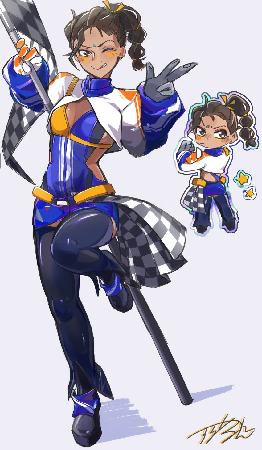 1girl absurdres adapted_costume animification apex_legends black_footwear black_thighhighs blue_dress blush breasts brown_eyes brown_hair checkered_flag chibi chibi_inset dark-skinned_female dark_skin dress eyebrow_cut flag highres holding holding_flag medium_hair multi-tied_hair one_eye_closed premium_finish_rampart race_queen rampart_(apex_legends) small_breasts standing standing_on_one_leg striped_clothes striped_dress suru_melon thighhighs v vertical-striped_clothes vertical-striped_dress