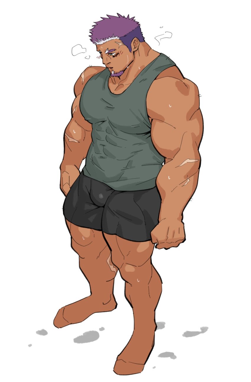 1boy bara blush bulge covered_abs covered_erect_nipples dark-skinned_male dark_skin facial_hair from_side full_body goatee highres kansuke_(kansuke_717) large_pectorals live_a_hero male_focus mature_male muscular muscular_male pectoral_cleavage pectorals purple_hair scar shaft_(live_a_hero) short_hair short_shorts shorts sideburns_stubble solo standing stubble sweat thick_eyebrows thick_thighs thighs two-tone_beard unfinished very_sweaty