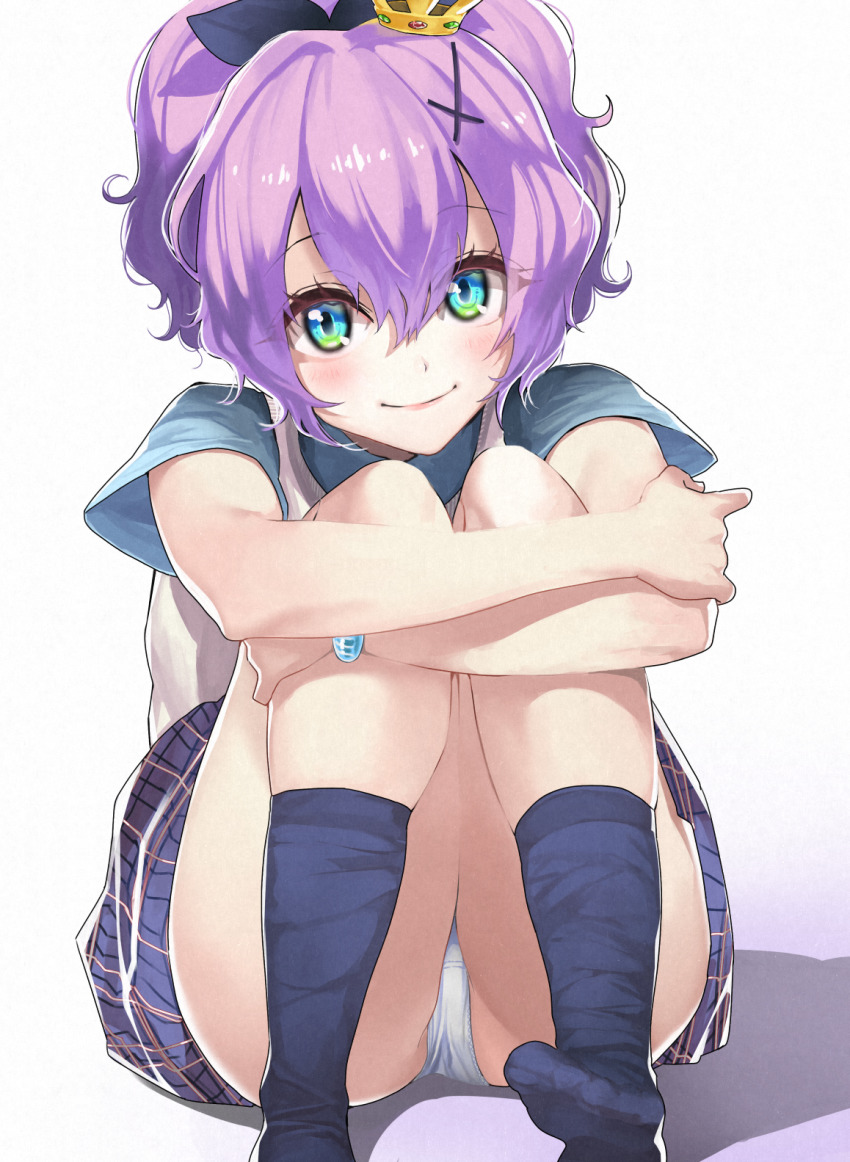 1girl azur_lane black_bow black_socks blue_eyes bow closed_mouth commentary_request cross_hair_ornament crown eyes_visible_through_hair green_eyes hair_ornament highres hugging_own_legs javelin_(azur_lane) javelin_(slow_ahead!)_(azur_lane) kneehighs knees_up mini_crown miniskirt multicolored_eyes no_shoes ootani_nonno panties pantyshot plaid_clothes plaid_skirt ponytail purple_hair revision school_uniform short_sleeves sidelocks simple_background sitting skirt smile socks solo sweater underwear white_panties
