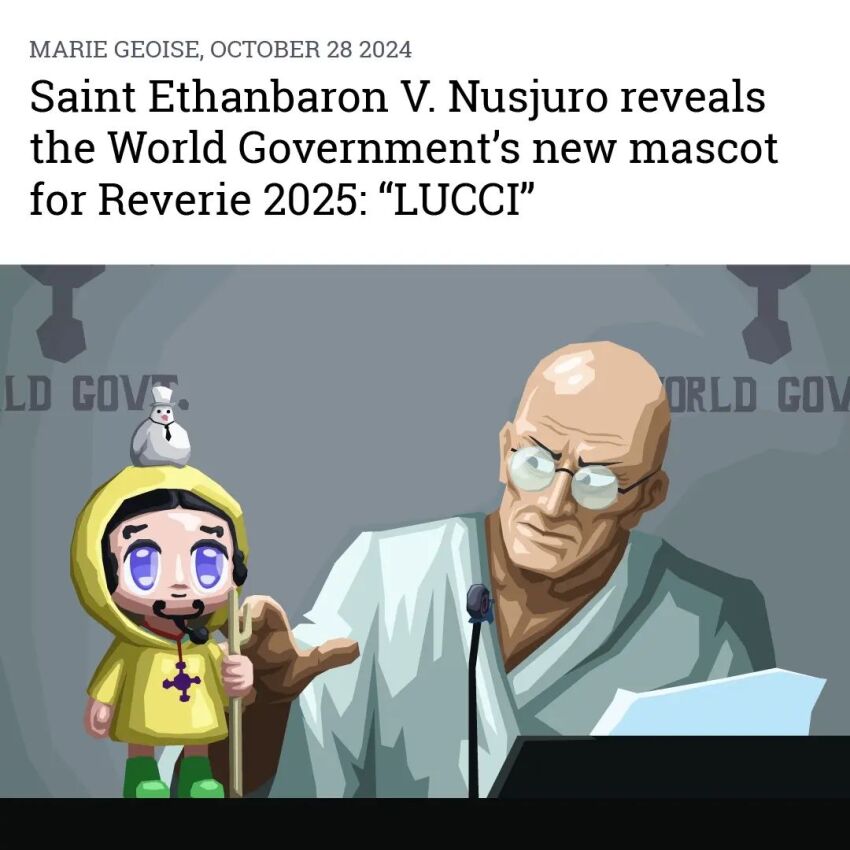 1boy 2024 bald bird black_eyes closed_mouth cosplay english_text ethan-baron_v._nusjuro facial_hair glasses goatee gorosei hattori_(one_piece) henry_brine_art luce_(jubilee_2025) luce_(jubilee_2025)_(cosplay) male_focus mascot microphone old old_man one_piece paper pigeon purple_eyes raincoat rob_lucci robe white_robe yellow_raincoat
