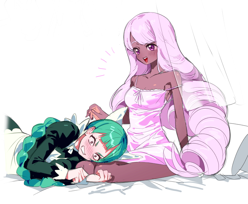 2girls 5oh5s2 :d absurdres alternate_costume apron blush breasts chemise clenched_teeth collarbone dark-skinned_female dark_skin green_hair hands_up hashtag-only_commentary highres jacinthe_(pokemon) lap_pillow lebanne_(pokemon) long_hair long_sleeves lying multiple_girls nintendo on_side open_mouth pillow pokemon pokemon_legends:_z-a puffy_sleeves purple_eyes single_off_shoulder sitting smile teeth tongue upper_teeth_only white_apron yuri