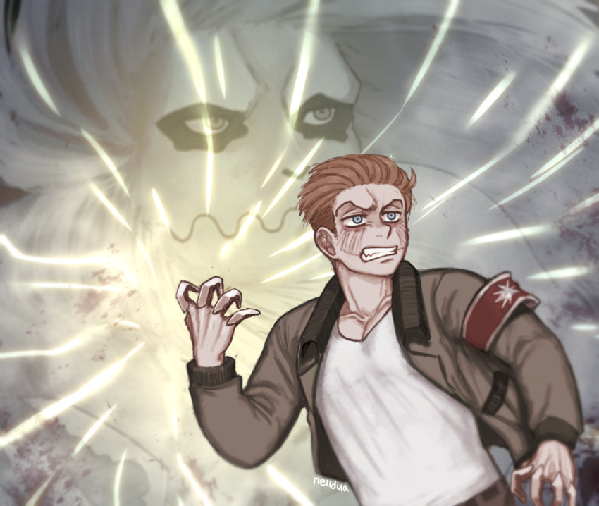 1boy angry armband beard blonde_hair blue_eyes claws clenched_teeth facial_hair facial_mark hair_pulled_back hair_slicked_back jacket jaw_titan logo long_hair male_focus mina_(als_dk) porco_galliard red_armband scar scar_on_face serious shingeki_no_kyojin short_hair star_(symbol) teeth titan_(shingeki_no_kyojin) undercut