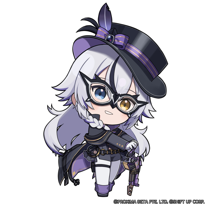 1girl belt black_belt black_hat black_mask braid chibi commentary english_commentary gloves goddess_of_victory:_nikke grey_hair grin gun hat hat_feather hat_ornament highres holding holding_gun holding_weapon jacket light_blush long_hair long_sleeves looking_at_viewer multicolored_hair o-ring official_art pantyhose phantom_(nikke) pouch purple_hair short_shorts shorts smile solo streaked_hair thigh_pouch totatokeke very_long_hair weapon white_gloves white_pantyhose