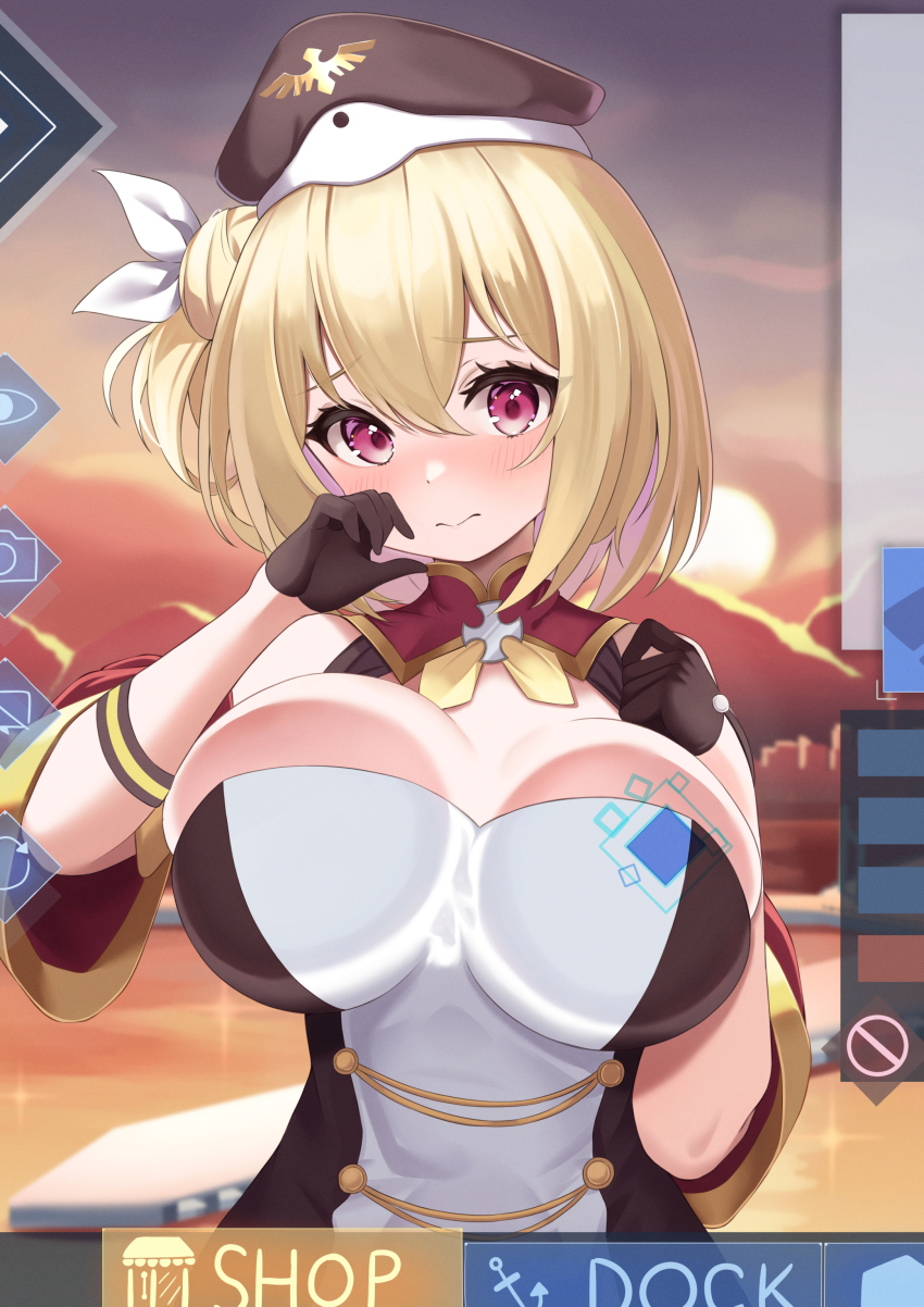 1girl 3: absurdres against_fourth_wall azur_lane bare_shoulders black_gloves black_hat blonde_hair blush breast_press breasts cleavage closed_mouth commentary_request commission cross detached_sleeves dress elegant_(sumisumi4268) fake_screenshot fourth_wall gloves hair_between_eyes hair_bun hair_ribbon half_gloves hands_up hat highres iron_cross large_breasts leipzig_(azur_lane) leipzig_(retrofit)_(azur_lane) looking_at_viewer retrofit_(azur_lane) ribbon short_hair sidelocks single_hair_bun single_side_bun skeb_commission sleeveless sleeveless_dress solo standing sunset two-tone_dress upper_body user_interface white_dress white_ribbon
