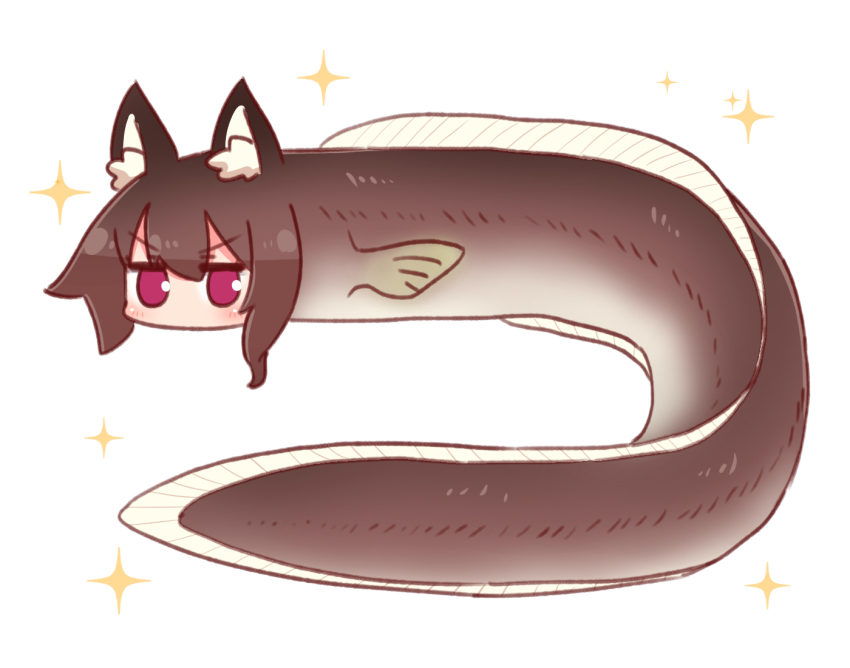 1girl animal animal_ear_fluff animal_ears animalization blush brown_hair eel fox_ears full_body hair_between_eyes kemomimi-chan_(naga_u) long_hair looking_at_viewer naga_u original red_eyes sidelocks simple_background solo sparkle v-shaped_eyebrows white_background