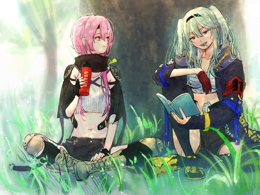 2girls black_gloves breasts candy food gloves green_eyes green_hair heaven_burns_red jacket kulfiq kurozawa_maki lollipop long_hair looking_at_another matsuoka_chiroru midriff multiple_girls outdoors pink_hair ponytail red_eyes ribbon sarashi scarf shorts sidelocks tree twintails yellow_eyes
