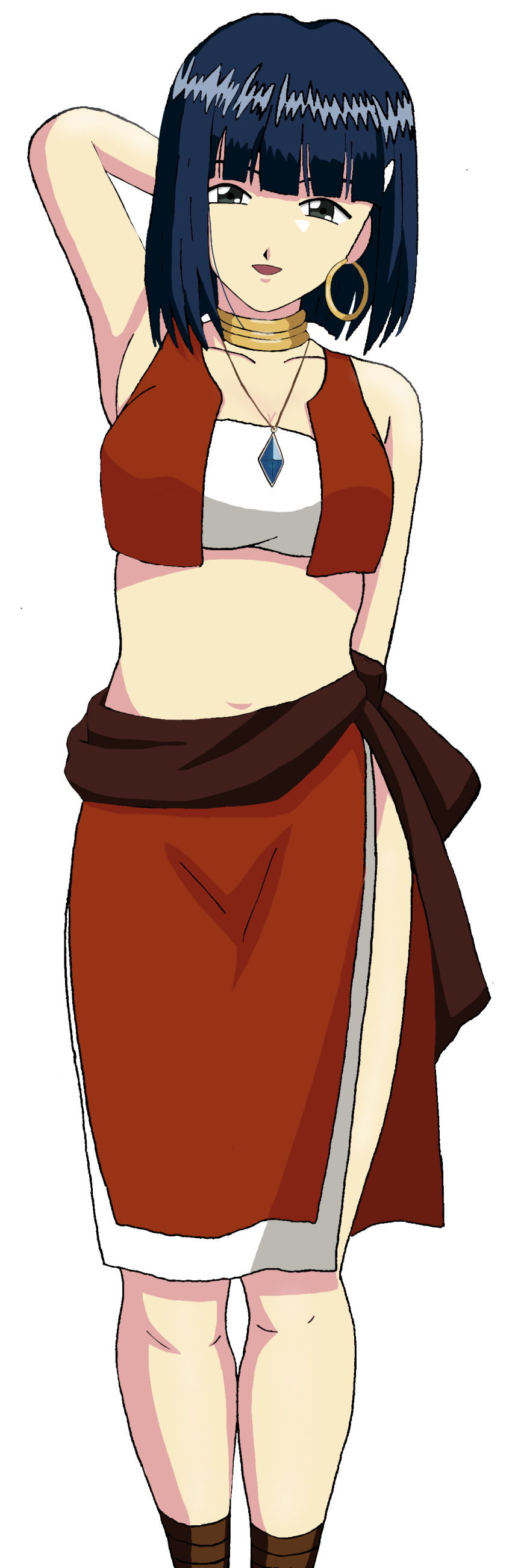 1girl absurdres arm_behind_back arm_behind_head armpits blue_hair breasts cleavage cosplay earrings fushigi_no_umi_no_nadia green_eyes highres jewelry kitaooji_hanabi large_breasts legs looking_at_viewer midriff nadia_la_arwall navel open_mouth sakura_taisen sega short_hair skirt smile solo strapless thighs tongue tube_top