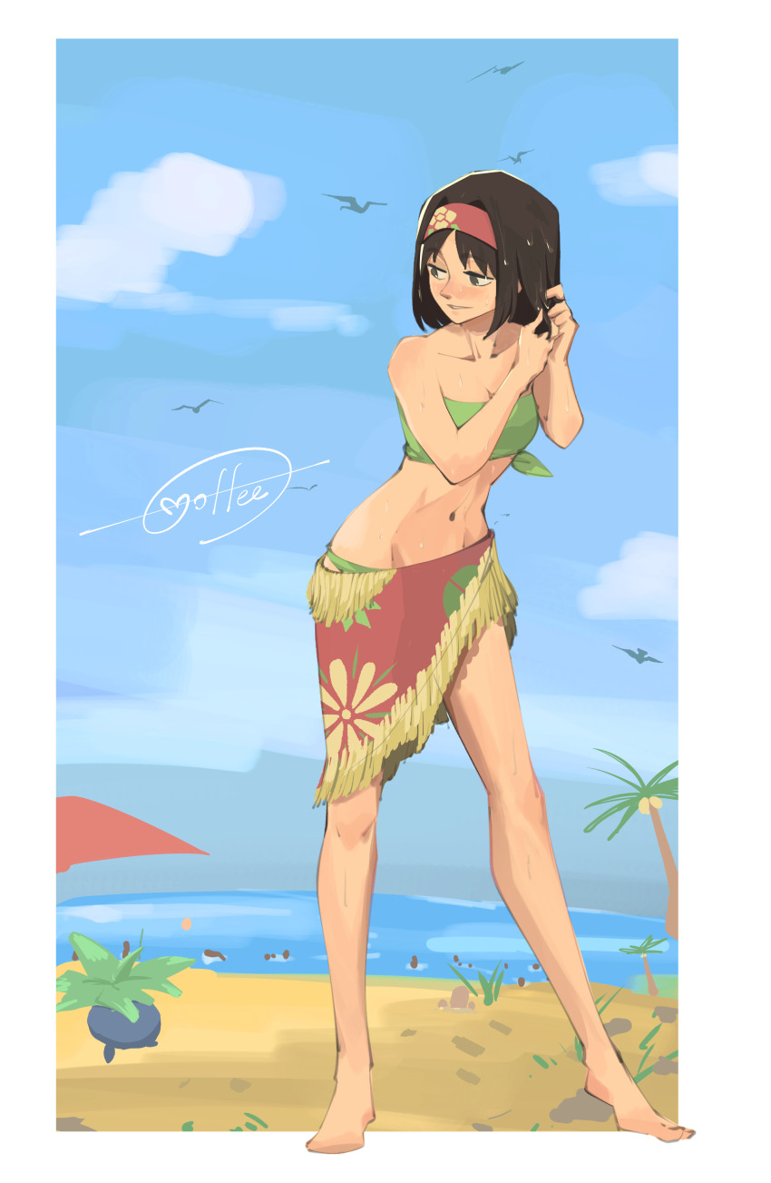 1girl absurdres alolan_exeggutor alolan_form alternate_costume barefoot bikini border cccacademia cloud collarbone day erika_(pokemon) game_freak gen_1_pokemon gen_7_pokemon green_bikini hairband hands_up highres knees looking_to_the_side medium_hair mixed-language_commentary navel nintendo oddish outdoors pokemon pokemon_(creature) pokemon_lgpe red_sarong sarong signature sky standing swimsuit white_border