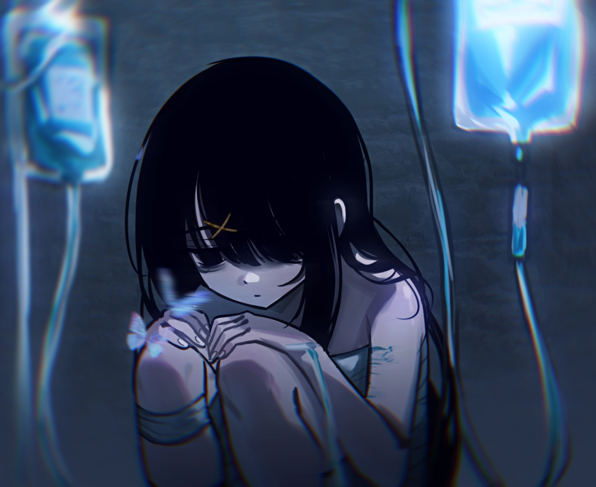 1girl ame-chan_(needy_girl_overdose) bags_under_eyes black_eyes black_hair blue_butterfly blunt_bangs blurry blurry_background blurry_border blurry_foreground bug butterfly dark glowing hair_ornament hair_over_one_eye hands_on_own_knees highres hospital_gown insect intravenous_drip koharustuki long_hair looking_at_animal needy_girl_overdose self-harm_scar sidelocks solo squatting x_hair_ornament
