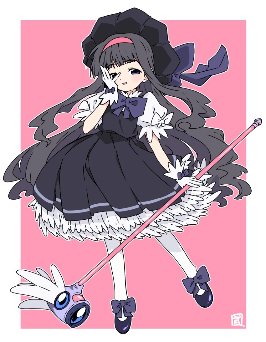1girl black_dress black_hat border bow bowtie cardcaptor_sakura cosplay covering_own_eyes daidouji_tomoyo dress footwear_bow full_body glove_bow gloves grey_hair hairband hat hat_bow highres kinomoto_sakura kinomoto_sakura_(cosplay) kinomoto_sakura_(magician) long_hair long_sidelocks looking_at_viewer open_mouth outline pantyhose petticoat pinafore_dress pink_background pink_hairband puffy_short_sleeves puffy_sleeves purple_bow purple_bowtie purple_eyes purple_shoes shirt shoes short_sleeves sidelocks sleeve_bow sleeveless sleeveless_dress smile solo standing take_shinobu very_long_hair white_border white_bow white_gloves white_outline white_pantyhose white_shirt