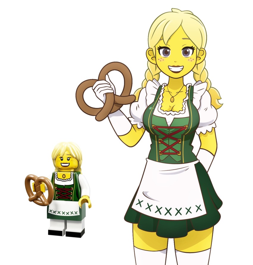 1girl apron blonde_hair braid breasts cleavage colored_skin dirndl dress food freckles german_clothes gloves green_dress grin highres holding holding_food humanization large_breasts lego_minifig pretzel pretzel_girl reference_inset shirt short_sleeves simple_background skirt smile starlordrockz the_lego_group thighhighs twin_braids waist_apron white_apron white_background white_gloves white_shirt white_thighhighs yellow_skin