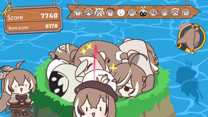 2girls :3 :d =_= ^_^ absurdres ahoge beret black_hair bloodymoonia boomei_(nanashi_mumei) bow brown_bow brown_cape brown_capelet brown_hair brown_hat c: cape capelet chibi closed_eyes commentary disembodied_head english_commentary english_text fake_screenshot feather_hair_ornament feathers full_body gawr_gura gawr_gura_(1st_costume) hair_ornament hair_over_one_eye hat heads-up_display highres hololive hololive_english hololive_treasure_mountain hood hood_up long_hair multicolored_hair multiple_girls mumei_(song)_(hololive) nanashi_mumei nanashi_mumei_(1st_costume) nanashi_mumei_(casual) nanashi_mumei_(emo) nanashi_mumei_(new_year) o3o o_o open_mouth short_hair silhouette smile smol_mumei streaked_hair user_interface virtual_youtuber white_hair |_|