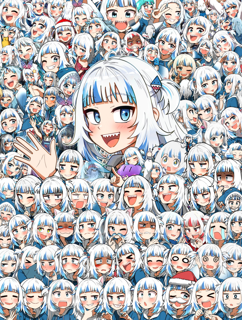 &gt;_&lt; +_+ 1girl :3 :o :p ;) ;d =_= @_@ absurdres ahoge animal_costume animal_ear_fluff animal_ears animal_hood averting_eyes bloop_(gawr_gura) blue_eyes blue_hoodie blue_nails blush cat_ears child clenched_teeth closed_eyes crazy crazy_eyes crying cube_hair_ornament ddolbang despair disgust excited fake_facial_hair fake_mustache food furrowed_brow gawr_gura gawr_gura_(1st_costume) grey_hair grimace hair_ornament half-closed_eyes hands_on_own_chin hands_on_own_knees hands_up happy hat highres holding holding_ice_cream_cone holding_phone hololive hololive_english holomyth hood hood_up hoodie hug hugging_object ice_cream ice_cream_cone long_hair long_sleeves looking_at_viewer looking_down looking_up middle_finger multicolored_hair multiple_expressions multiple_views o_o one_eye_closed open_mouth panicking parody phone pointing pointing_at_viewer reflect_(gawr_gura) sad santa_hat shark_costume shark_girl shark_hair_ornament shark_hood sharp_teeth sleepy smile smug squatting star-shaped_pupils star_(symbol) steepled_fingers streaked_hair streaming_tears stuffed_toy surprised suspenders symbol-shaped_pupils t_t tearing_up tears teeth tongue tongue_out two_side_up upper_teeth_only v virtual_youtuber wakuwaku_(spy_x_family) waving wavy_mouth |_|