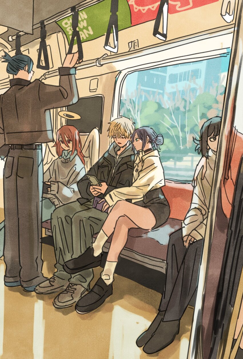 2girls 3boys androgynous angel_devil_(chainsaw_man) angel_wings black_choker black_hair black_jacket black_pants black_shoes black_shorts blonde_hair blue_shirt chainsaw_man choker collared_shirt crossed_legs full_body grey_hoodie grey_sweater hair_bun halo hayakawa_aki highres holding holding_phone hood hood_down hoodie jacket jacket_over_hoodie medium_hair mifune_fumiko multiple_boys multiple_girls pants phone ponytail purple_hair shirt shirt_under_sweater shoes short_hair short_ponytail shorts sitting sneakers socks standing sweater takeuchi_ryousuke train_interior updo white_jacket white_socks wings