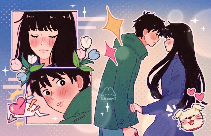 1boy 1girl absurdres arrow_through_heart black_hair blue_background blue_coat blue_flower blue_pants blunt_bangs blush cheumi coat couple dog flower green_coat hetero highres hime_cut imminent_kiss kazehaya_shouta kimi_ni_todoke kuronuma_sawako long_hair looking_at_another pants parted_lips pink_flower puppy short_hair sparkle tulip upper_body white_flower