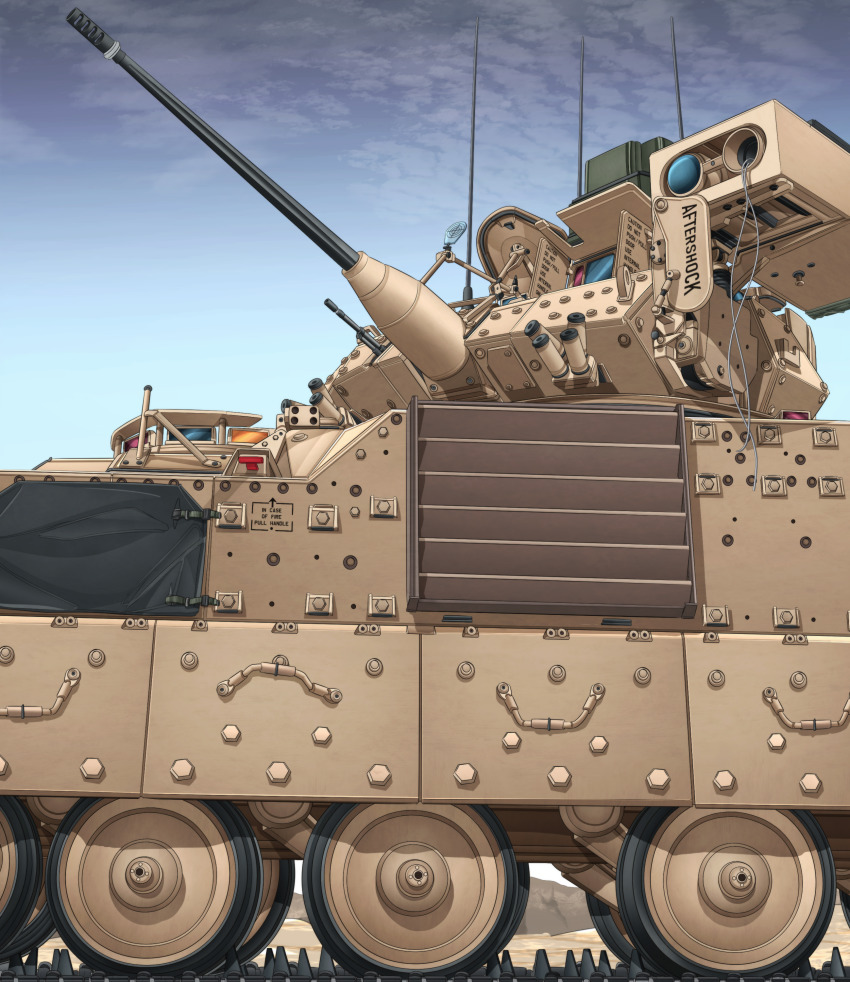 absurdres anti-tank_guided_missile anti-tank_missile autocannon bgm-71_tow blue_sky cannon chain_gun commentary commentary_request day english_commentary english_text highres infantry_fighting_vehicle m242_bushmaster m2_bradley mikeran_(mikelan) military military_vehicle missile missile_launcher mixed-language_commentary motor_vehicle mountainous_horizon no_humans original outdoors precision-guided_munition sky surface-to-surface_missile tank turret vehicle_focus wire-guided_missile