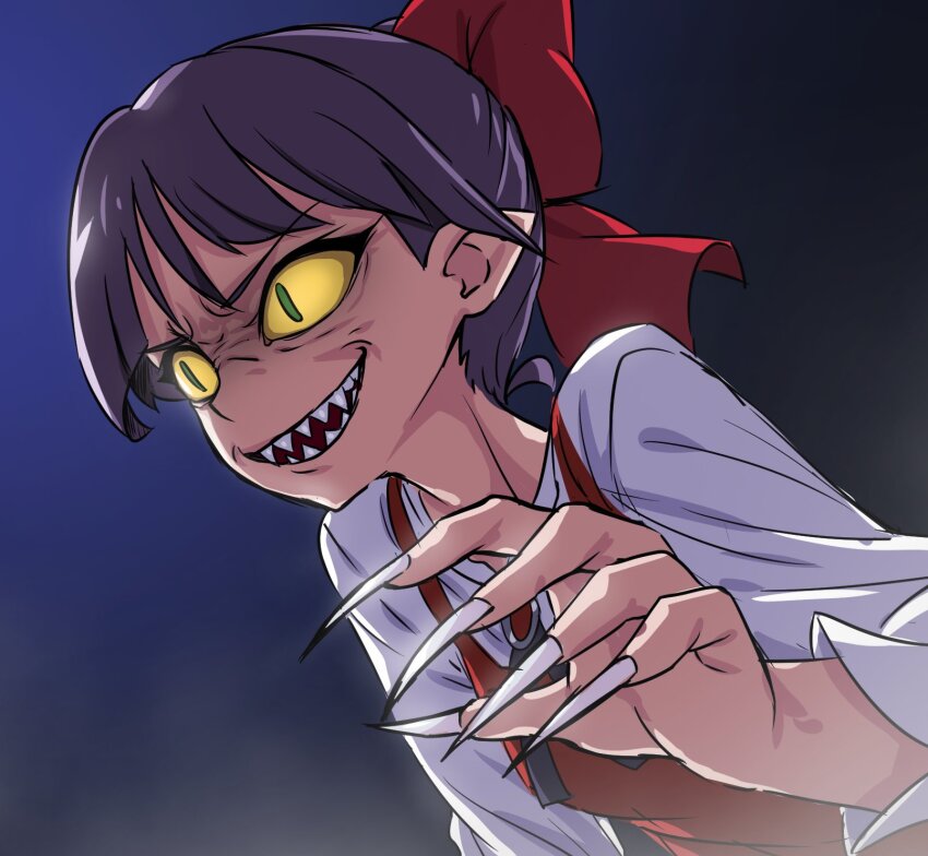 1girl bow broiler dress fingernails gegege_no_kitarou grin highres looking_to_the_side nekomusume nekomusume_(gegege_no_kitarou_6) pointy_ears purple_hair red_bow sharp_fingernails sharp_teeth short_hair slit_pupils smile solo teeth upper_body very_long_fingernails yellow_eyes