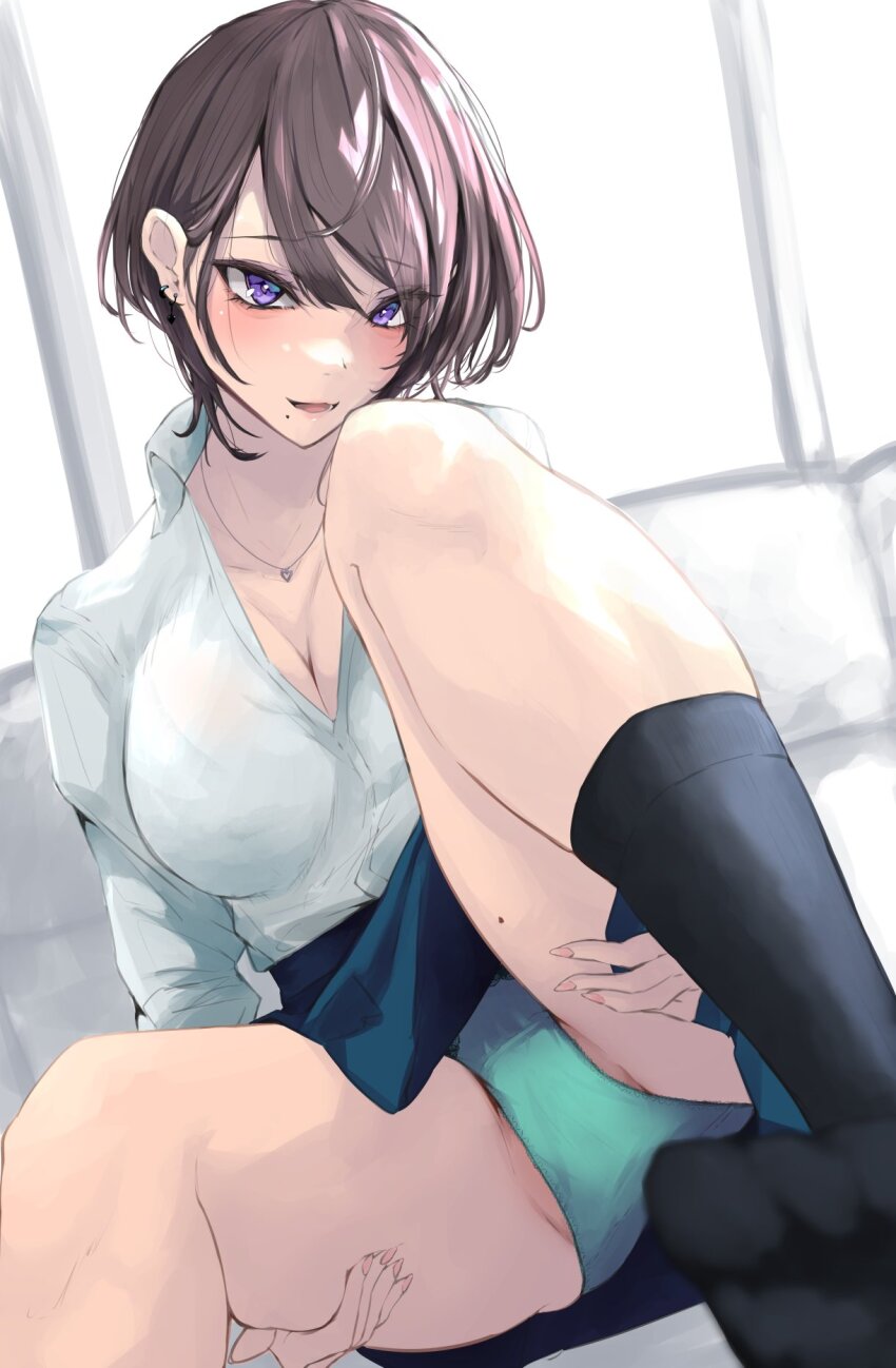 1girl akiyama_cz4a black_socks blue_skirt blurry blurry_foreground blush bra_visible_through_clothes breasts cleavage collared_shirt depth_of_field earclip earrings feet frilled_panties frills green_panties groin groin_tendon hands_on_own_thighs heart heart_earrings heart_necklace heart_pendant highres holding_own_leg jewelry knees long_sleeves looking_at_viewer lower_teeth_only medium_breasts mole mole_on_thigh mole_under_mouth nail_polish necklace nostrils open_mouth original panties pink_nails pleated_skirt purple_eyes shirt sitting skirt slit_pupils socks solo spread_legs teeth toes tongue underwear white_shirt