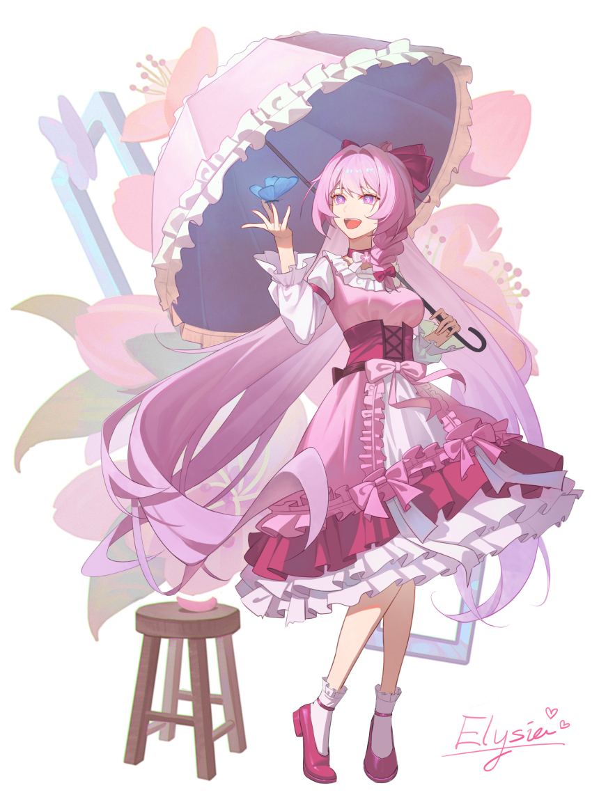 1girl absurdres blue_butterfly bow braid breasts bug butterfly character_signature chinese_commentary commentary_request corset diamond-shaped_pupils diamond_(shape) dress elysia_(herrscher_of_human:_ego)_(honkai_impact) elysia_(honkai_impact) full_body hair_bow hair_intakes hand_up highres holding holding_umbrella honkai_(series) honkai_impact_3rd insect large_breasts long_dress long_hair long_sleeves looking_at_animal multiple_hair_bows official_alternate_costume open_mouth parasol pink_bow pink_dress pink_hair pink_shoes pink_umbrella purple_corset purple_eyes shengkai167 shoes simple_background smile socks solo standing stool symbol-shaped_pupils teeth umbrella underbust upper_teeth_only very_long_hair white_background white_socks