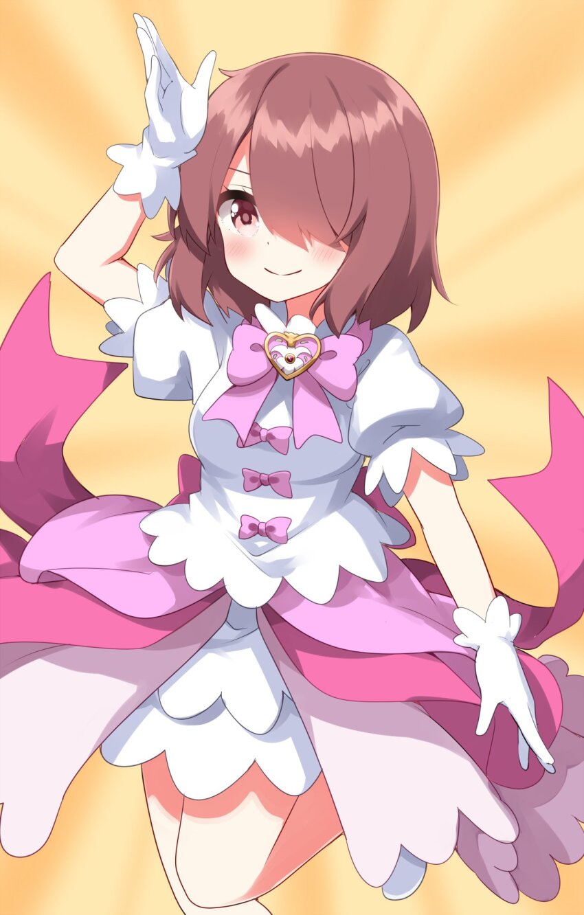 1girl alternate_costume arm_up blush bow bowtie breasts brown_eyes brown_hair closed_mouth cowboy_shot foot_out_of_frame gloves hair_over_one_eye heart_pendant highres hoshino_miyako_(wataten) looking_at_viewer medium_breasts pink_bow pink_bowtie pink_skirt puffy_short_sleeves puffy_sleeves ruu_(tksymkw) shirt short_hair short_sleeves skirt smile solo standing standing_on_one_leg watashi_ni_tenshi_ga_maiorita! white_gloves white_shirt yellow_background