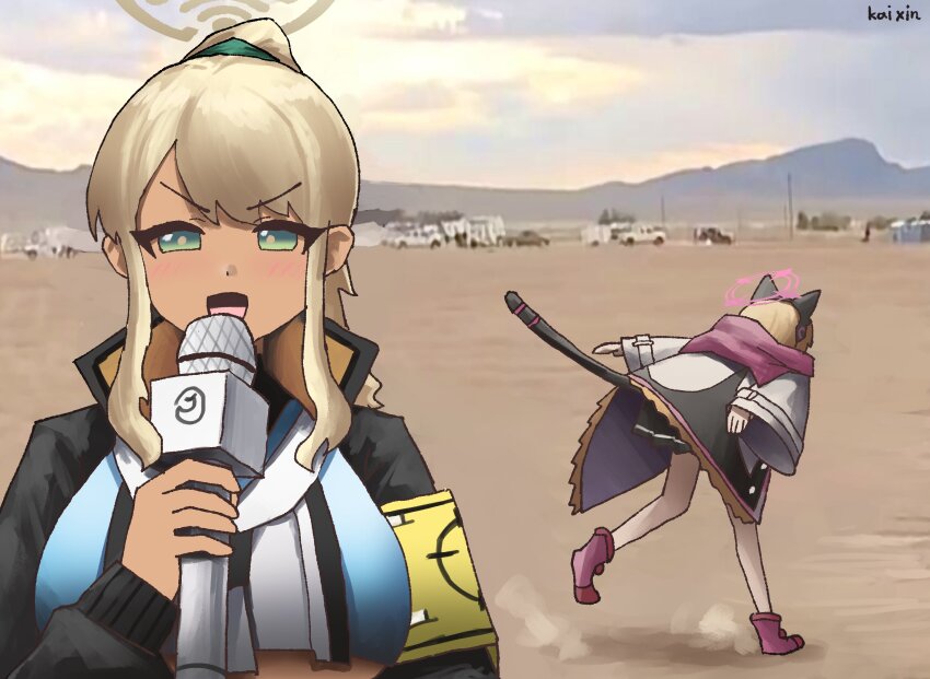 animal_ear_headphones animal_ears area_51 blonde_hair blue_archive bow breasts cat_ear_headphones dark-skinned_female dark_skin desert fake_animal_ears green_eyes hair_bow halo headphones highres holding holding_microphone kai_xin long_hair microphone momoi_(blue_archive) multiple_girls outdoors photo_background ponytail reporter running school_uniform shinon_(blue_archive) underboob