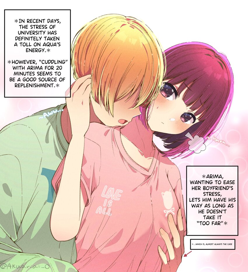 1boy 1girl arima_kana artist_name blonde_hair blush bob_cut collarbone english_text grabbing_another&#039;s_breast green_sweater groping highres hoshino_aquamarine long_sleeves open_mouth oshi_no_ko print_shirt red_eyes red_hair red_shirt risdelusions shirt short_hair short_sleeves simple_background sweater white_background