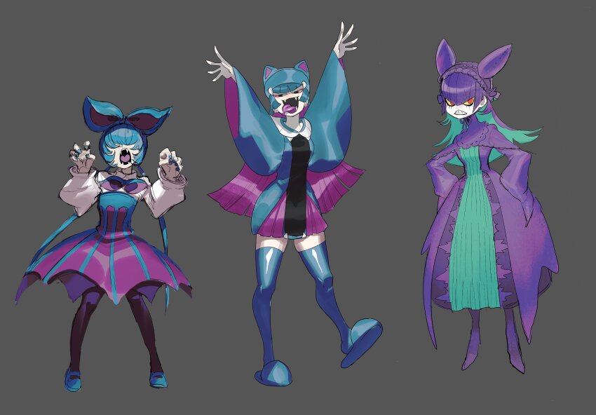 3girls animal_ear_headwear animal_ears arms_up bat_ears blue_dress blue_hair blue_hat blue_nails blue_thighhighs blunt_bangs bow_hairband claw_pose clenched_teeth colored_inner_hair colored_sclera crobat dancho_no_mori dress ear_piercing evolutionary_line eyeliner fake_animal_ears fangs fingernails frilled_hairband frills frown full_body gen_1_pokemon gen_2_pokemon golbat grey_background hair_over_eyes hairband hands_on_own_hips hands_up hat highres hime_cut long_dress long_sleeves lower_eyelashes_only makeup multicolored_dress multicolored_hair multiple_girls multiple_piercings nail_polish nintendo open_mouth pale_skin personification piercing pokemon puffy_long_sleeves puffy_sleeves purple_dress purple_hair purple_hairband red_eyeliner red_eyes sentaronao short_hair simple_background sleeves_past_fingers sleeves_past_wrists smile standing teeth thighhighs tongue tongue_out two-tone_hair wide_sleeves yellow_sclera zubat