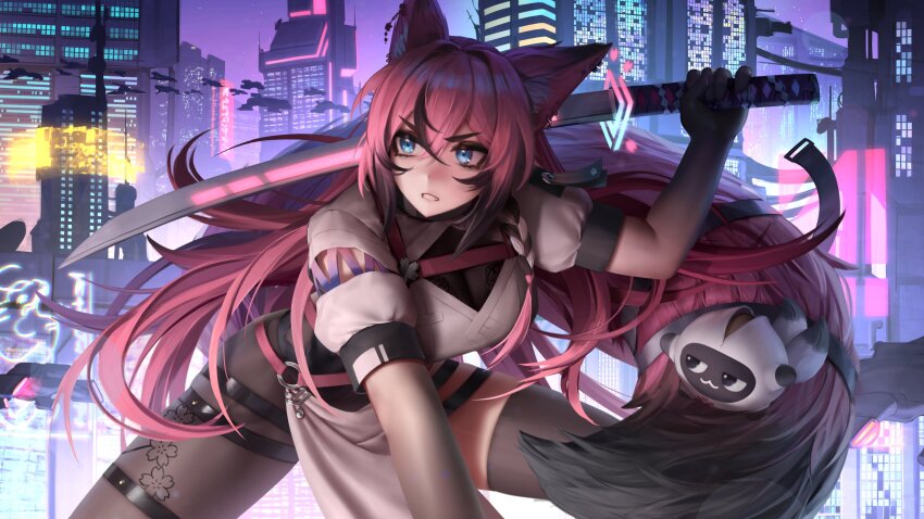 1girl absurdres animal_ears black_bodystocking black_hair black_pantyhose black_tail black_thighhighs blue_eyes breasts cityscape cleavage cleavage_cutout clenched_teeth clothing_cutout commentary commission cowboy_shot creature crossed_bangs cyberpunk english_commentary eyeliner eyeshadow fox_ears fox_girl fox_tail hair_between_eyes hand_up highres holding holding_sword holding_weapon indie_virtual_youtuber kitsune leaning_forward long_hair long_tail looking_to_the_side makeup medium_breasts multicolored_hair night night_sky numanoan outdoors pantyhose parted_lips pelvic_curtain pink_hair pink_tail puffy_short_sleeves puffy_sleeves purple_sky sachi_mizora_(vtuber) shirt short_sleeves sidelocks single_leg_pantyhose single_thighhigh skindentation sky solo sword sword_on_back tail teeth thigh_strap thighhighs two-tone_hair two-tone_tail very_long_hair virtual_youtuber weapon weapon_on_back white_shirt