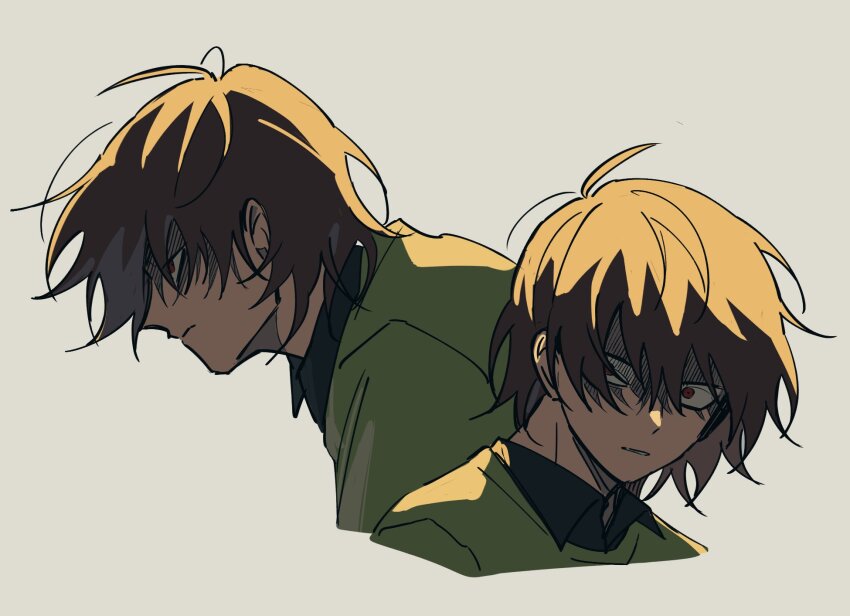 1other black_shirt brown_hair collared_shirt commentary_request cropped_shoulders dalli_02 deltarune green_shirt highres korean_commentary kris_(deltarune) multiple_views red_eyes shirt short_hair