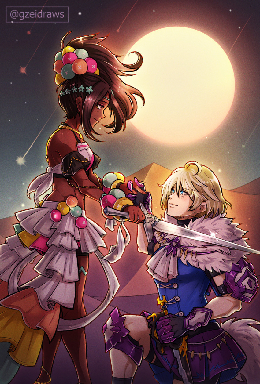 2girls ascot bare_shoulders black_gloves blonde_hair blue_shirt brown_hair dark_skin desert fire_emblem fire_emblem_engage from_side full_moon gloves gzei highres knighting looking_at_another merrin_(fire_emblem) moon multiple_girls night night_sky nintendo outdoors shirt skirt sky smile timerra_(fire_emblem) white_ascot white_skirt