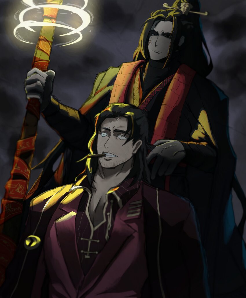 2boys :| absurdres black_hair black_hanfu chinese_clothes cigar closed_mouth curtained_hair dark facial_hair formal_clothes glowing grabbing_another&#039;s_hair hair_ornament hanfu high_ponytail highres holding holding_staff holding_weapon jacket jacket_on_shoulders jia_qiu_(project_moon) lei_heng_(project_moon) limbus_company multicolored_hair multiple_boys ponytail project_moon red_scarf red_suit red_trim rii_dumb scar scar_on_face scarf serious sidelighting staff stole storm streaked_hair stubble suit sweatdrop weapon wide-eyed worried
