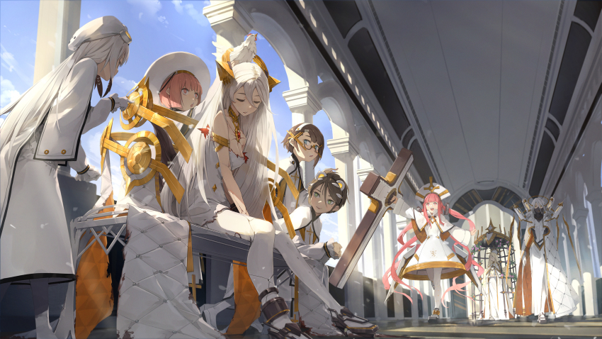 6+girls :d alchemy_stars bird blue_eyes breasts bright_pupils brown_hair character_request chicken cleavage closed_mouth cross gabriel_(alchemy_stars) glasses hat high_heels highres latin_cross long_hair mask medium_breasts michael_(alchemy_stars) mouth_mask multiple_girls open_mouth pantyhose parted_lips pink_eyes pink_hair raphael_(alchemy_stars) semi-rimless_eyewear short_hair sitting smile somehira_katsu under-rim_eyewear uriel_(alchemy_stars) very_long_hair white_hair white_legwear white_pupils