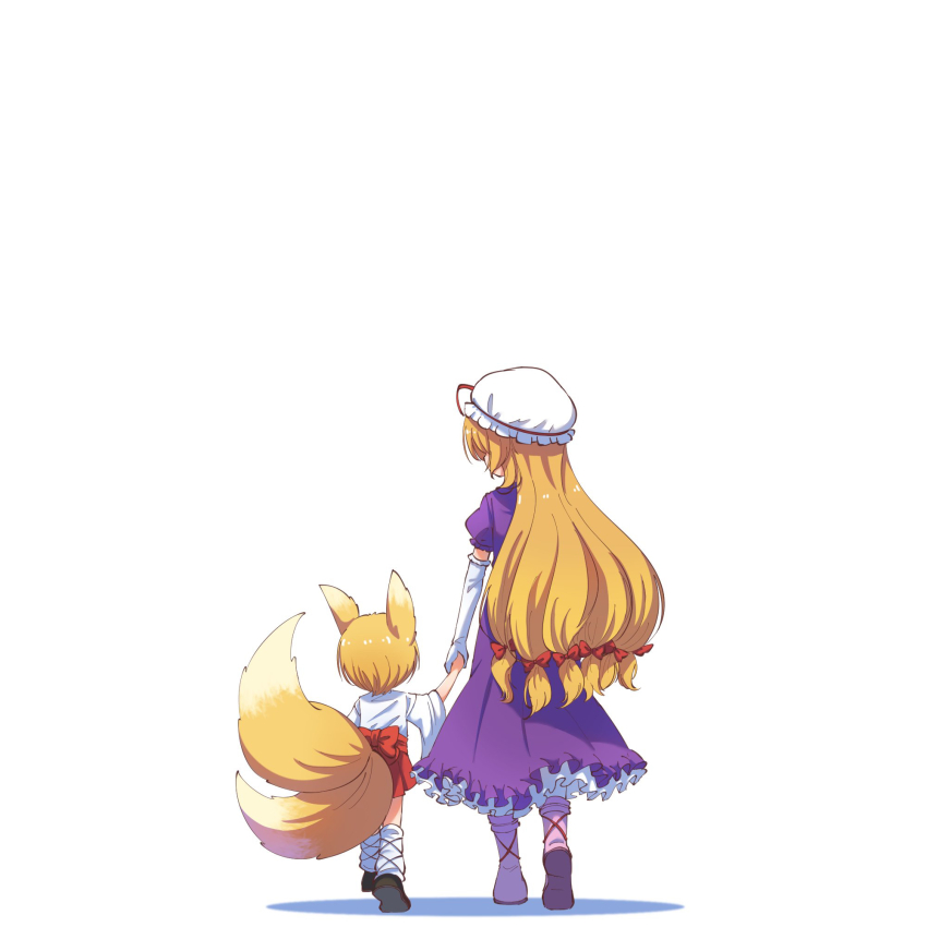 2girls aged_down animal_ears blonde_hair boots bow child commentary_request dress elbow_gloves fox_ears fox_tail from_behind gloves hair_bow hat hat_ribbon highres holding_hands kitsune leg_warmers long_sleeves mob_cap multiple_girls multiple_hair_bows multiple_tails purple_dress red_bow red_ribbon red_skirt ribbon shadow shirt short_sleeves simple_background skirt suteruko tail touhou white_background white_gloves white_hat white_leg_warmers white_shirt wide_sleeves yakumo_ran yakumo_yukari