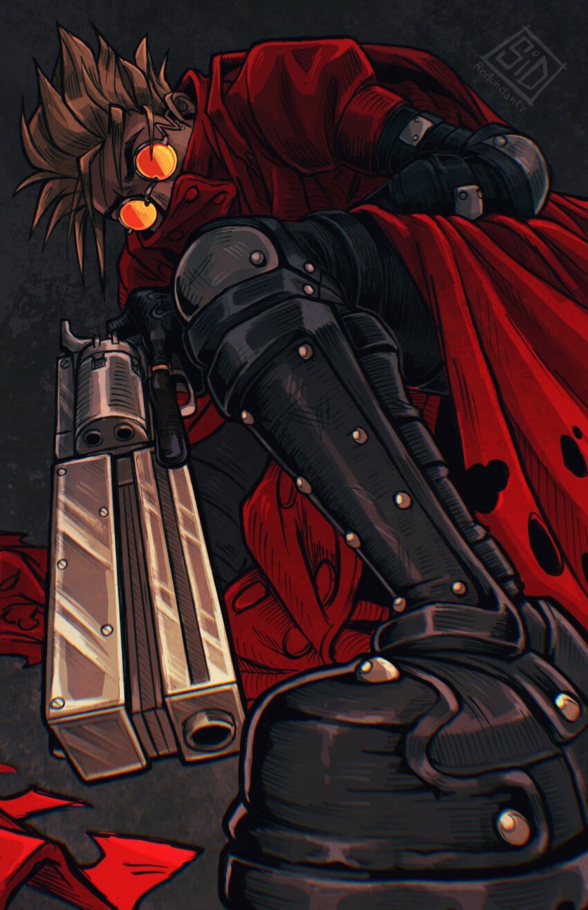 1boy agl_arms_.45_long_colt aiming black_background black_gloves black_pants blonde_hair boots break-action_revolver coat cowboy cowboy_western dual_wielding earrings elbow_pads gloves grin gun handgun high_collar highres holding holding_gun holding_weapon jewelry knee_pads long_coat looking_at_viewer low_bore_axis_revolver male_focus pants red_coat redundantz revolver science_fiction smile spiked_hair sunglasses torn_clothes torn_coat trigun vash_the_stampede weapon western